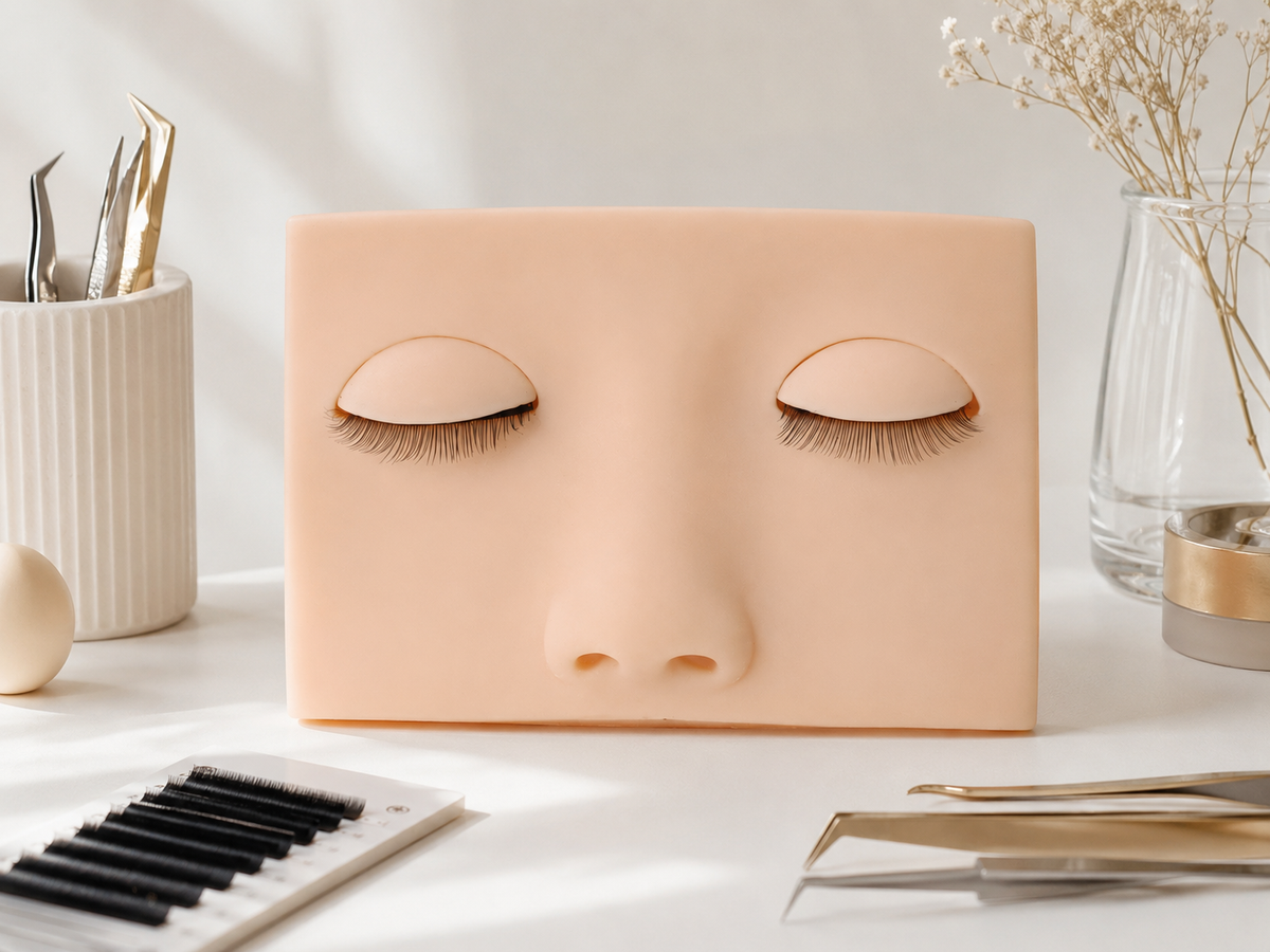 Line lash practice head styled on a salon desk with lash trays and tweezers